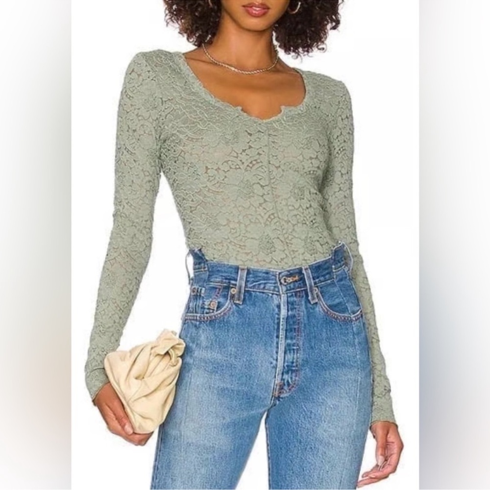 Free People Cloud Ride Notch Long Sleeve Top - Size M, Sea Grass